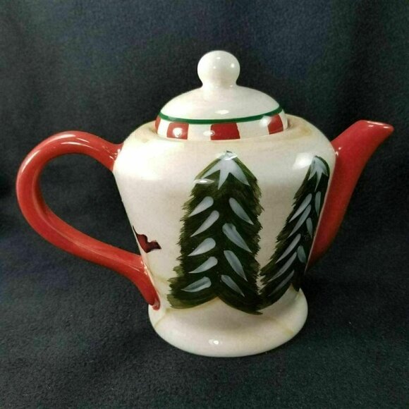 Crazy Mountain Snowman Teapot Trees Birds Birdhouse Red Handle and Spout - Picture 3 of 7